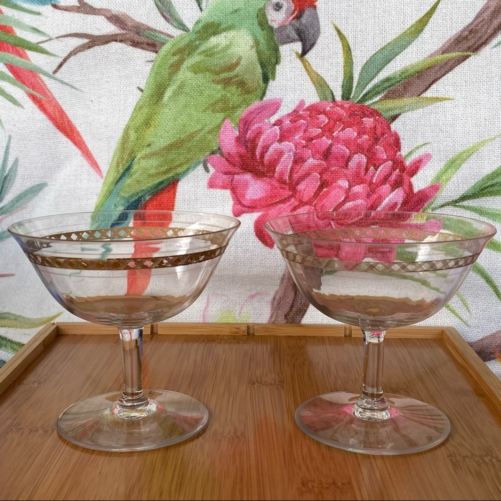 Vintage Set Clear, Gold Decorated Cocktail Glasses